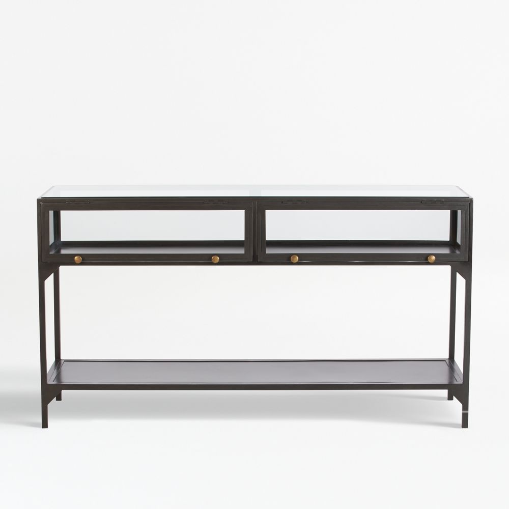 Ventana 54" Rectangular Black Iron and Glass Storage Console Table