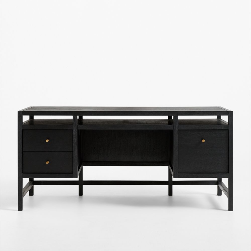 Keane 65" Black Solid Wood Desk with Outlets