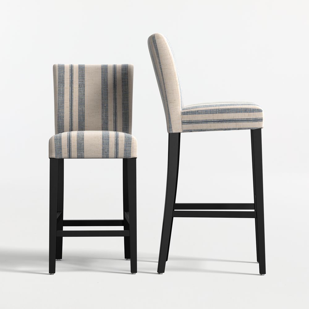 Lowe Indigo Stripe Upholstered Stools with Ebony Wood Legs