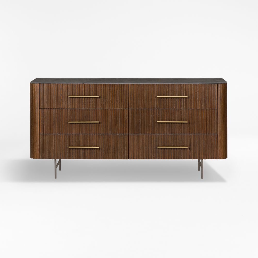 Baylor 65" Brown Ribbed Solid Oak Wood 6-Drawer Dresser