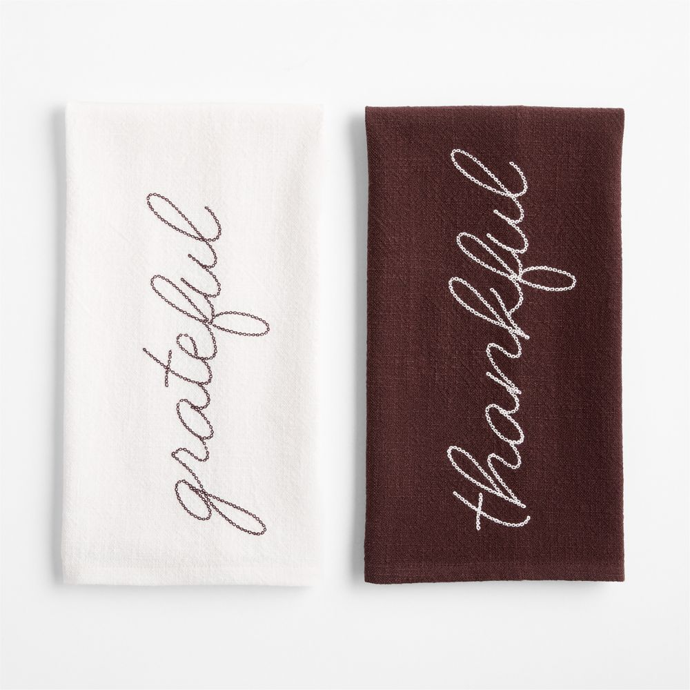 Thankful & Grateful Embroidered Organic Cotton Dish Towels, Set of 2