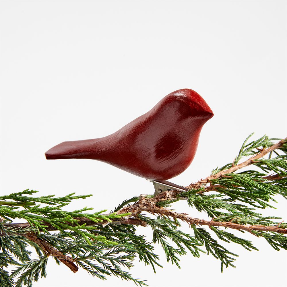 Red Wood Bird Christmas Tree Ornament Clip