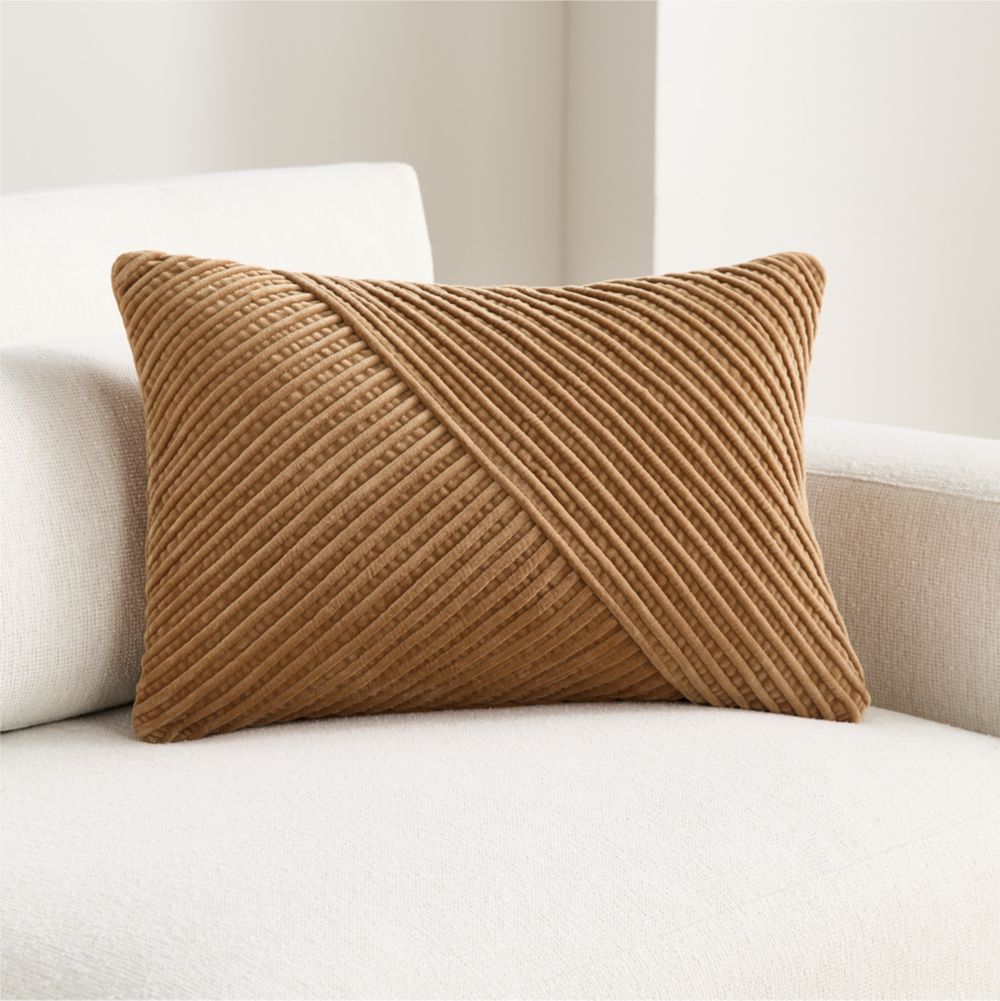 Bowen Ribbed Velvet 22"x15" Brulee Brown Throw Pillow