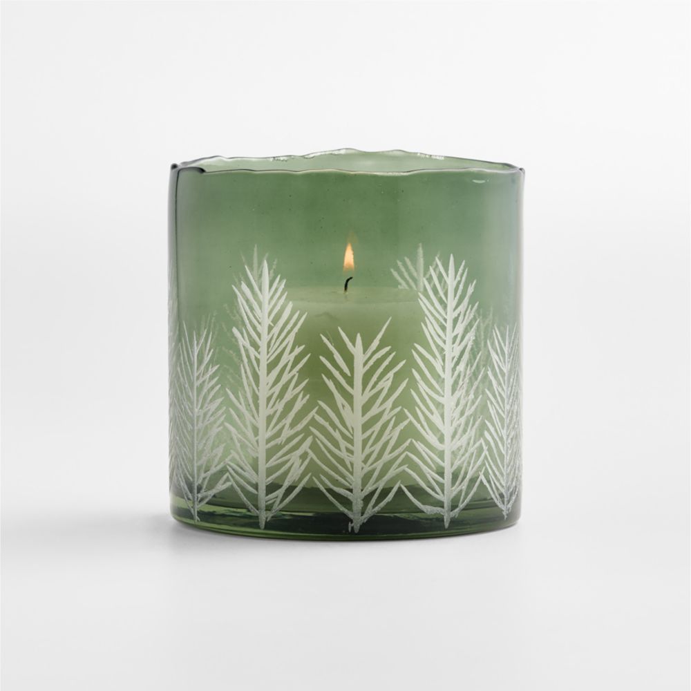 Green Etched Pine Hurricane Glass Candle Holders