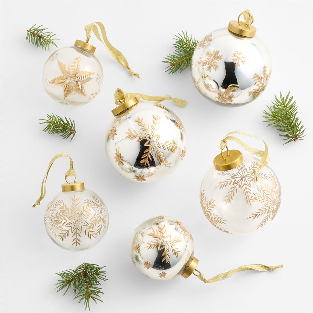Metallic and Clear Glass Snowflake Christmas Tree Ornaments, Set of 6