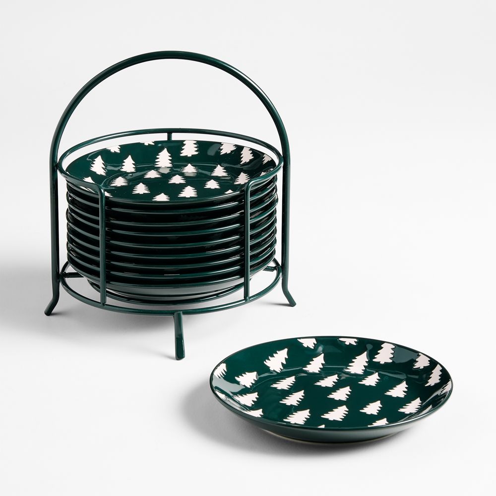 Green Trees Appetizer Plates with Stand, Set of 10