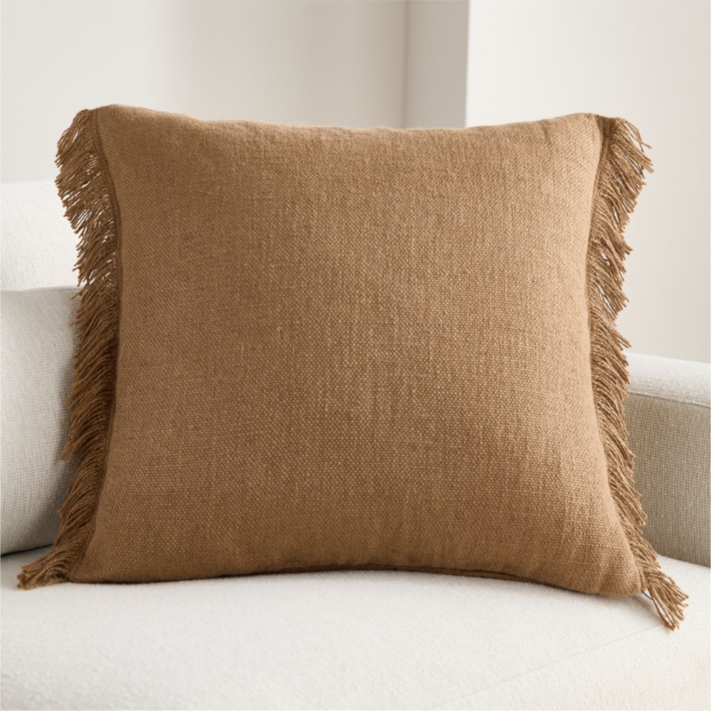 Casual Textured Fringe 23"x23" Camel Tan Throw Pillow