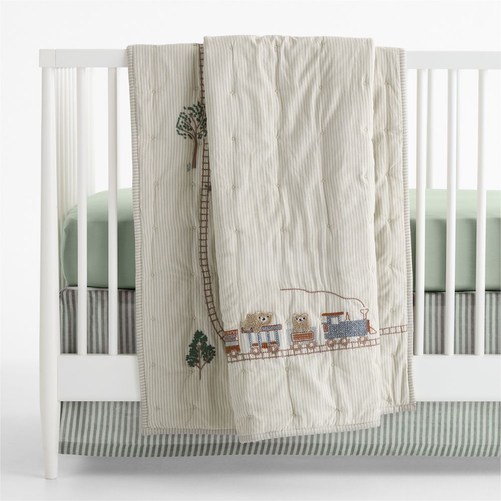 Teddy Train Embroidered 100% Organic Cotton Baby Crib Quilt