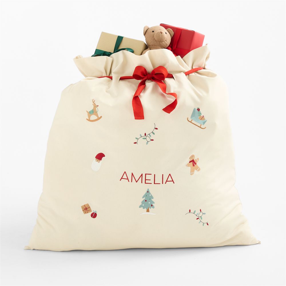 Santa Large Embroidered Natural Cotton Kids Christmas Gift Bag