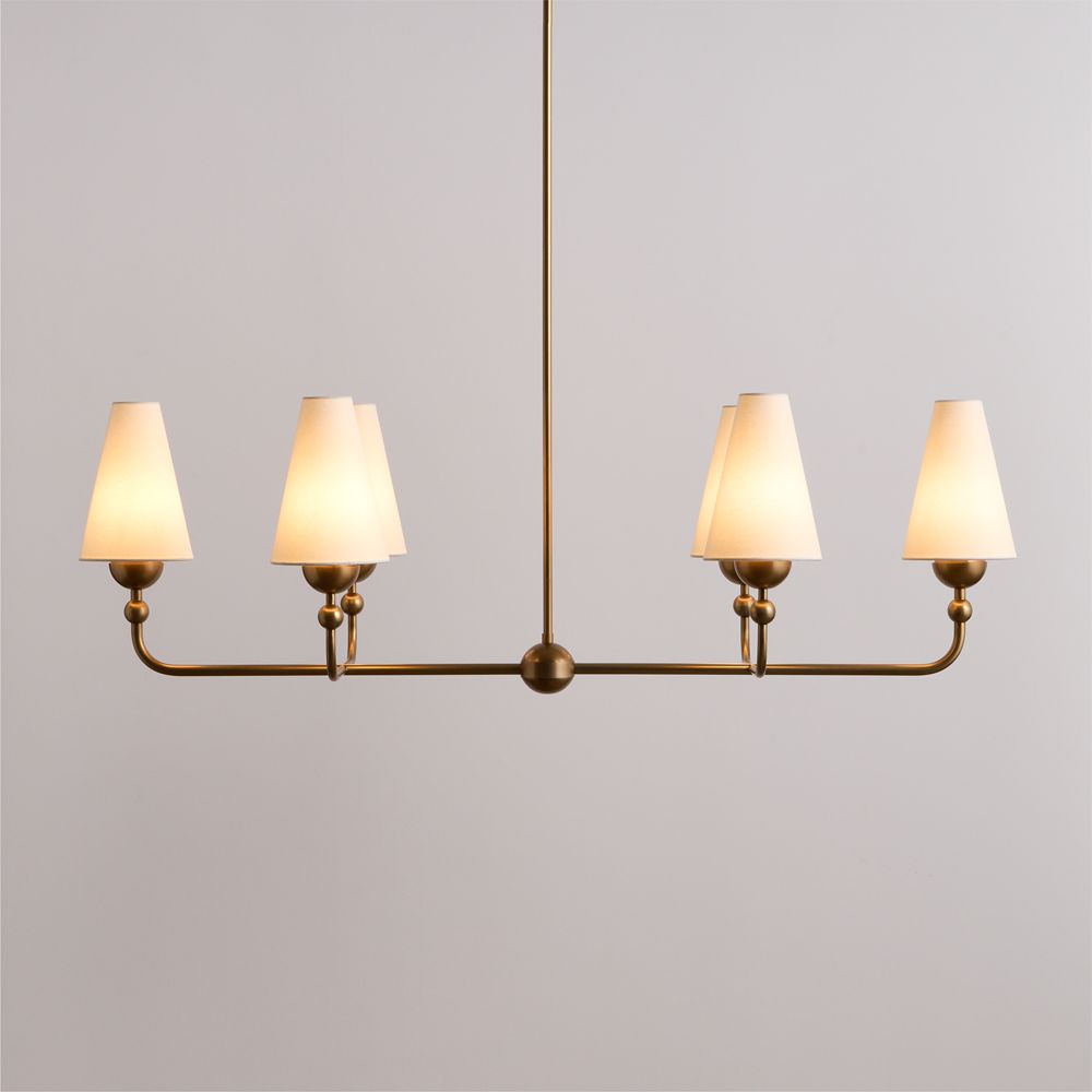 Everton Brass Linear Chandelier Light with White Linen Shades