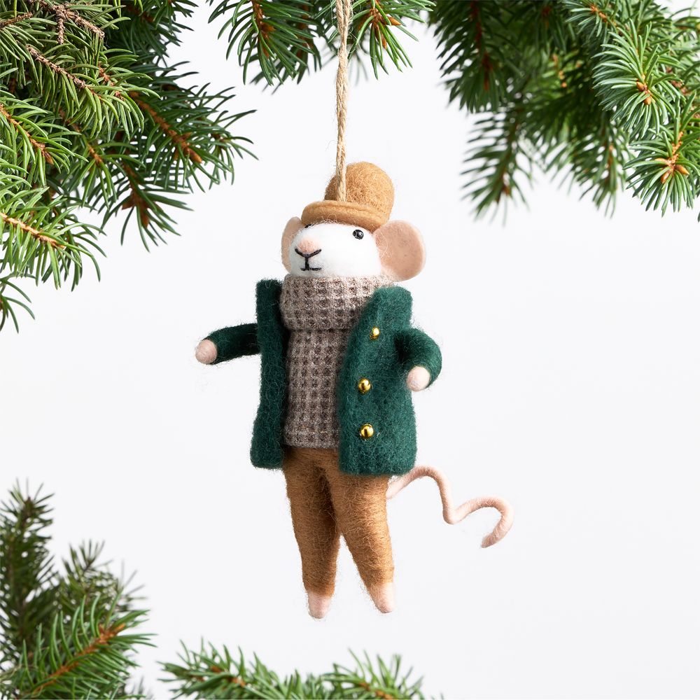 Felted Wool Mouse with Green Cardigan Christmas Tree Ornament