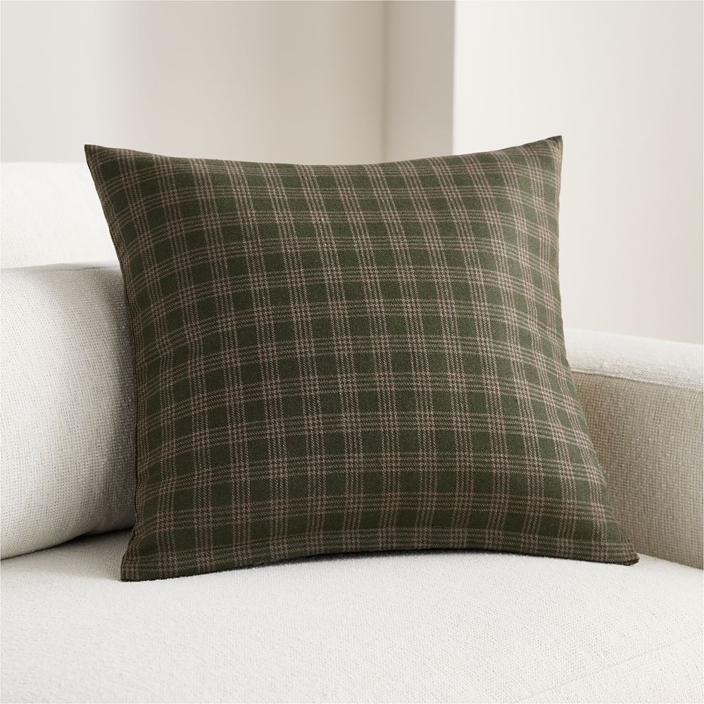 Roberto Italian Wool Blend Plaid 20"x20" Burnt Green Throw Pillow