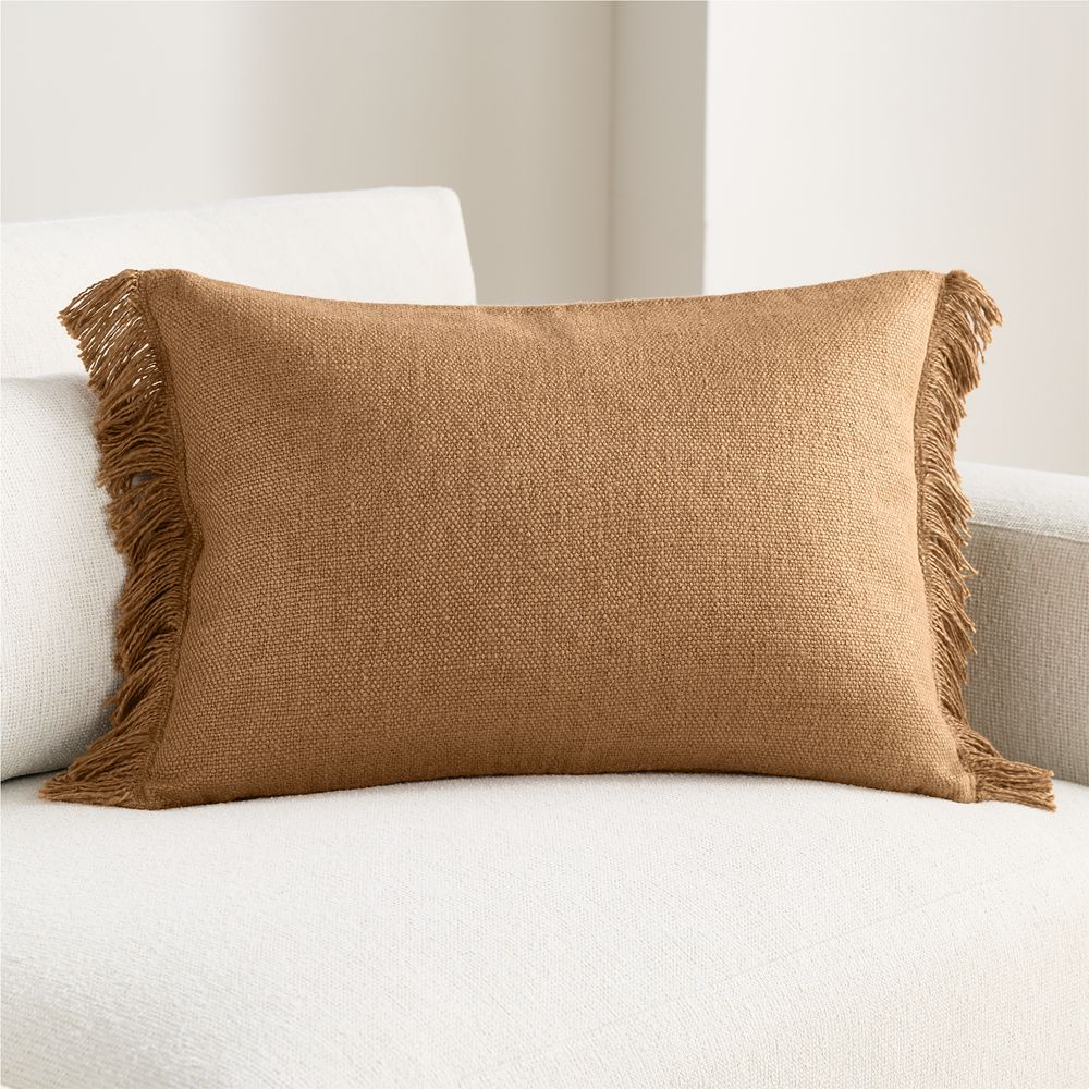 Casual Textured Fringe 24"x16" Camel Tan Throw Pillow