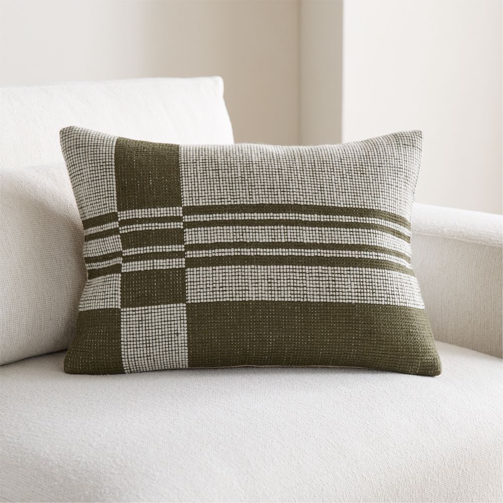 Wool and Linen Blend Plaid 22"x15" Burnt Green Throw Pillow