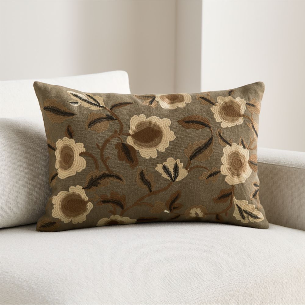 Love Embroidered Linen 24"x16" Taupe Floral Throw Pillow by Venus Williams