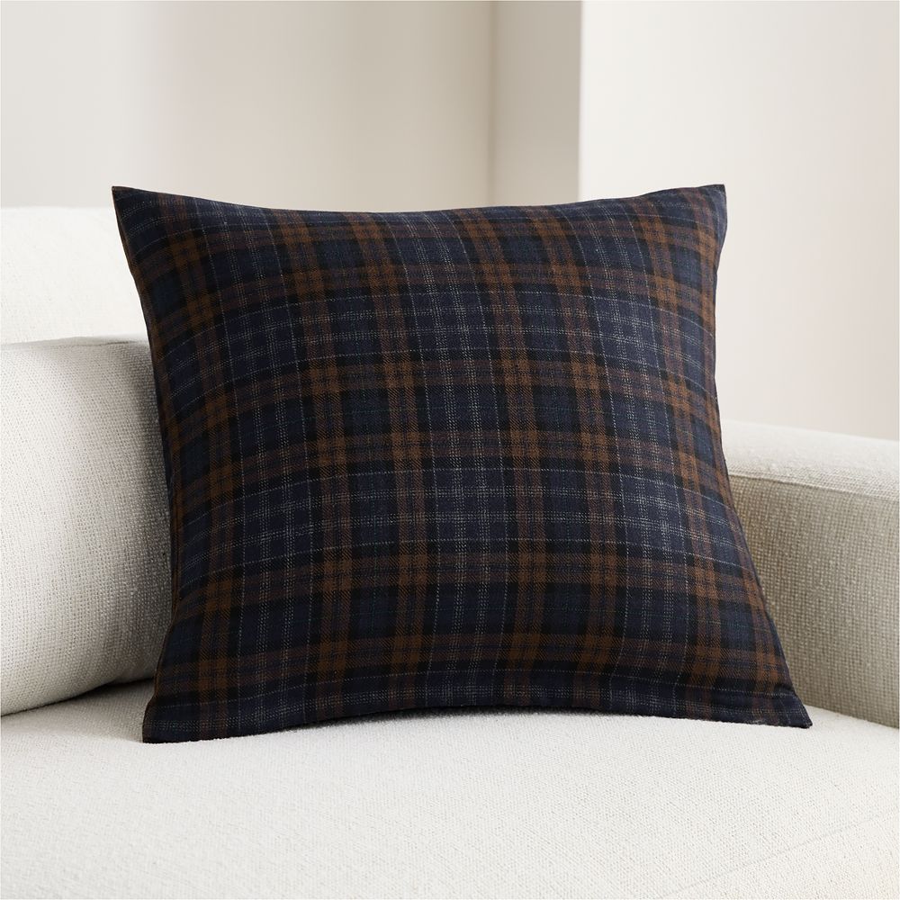 Stefano Italian Wool Blend Plaid 20"x20" Deep Indigo and Chocolate Brown Throw Pillow