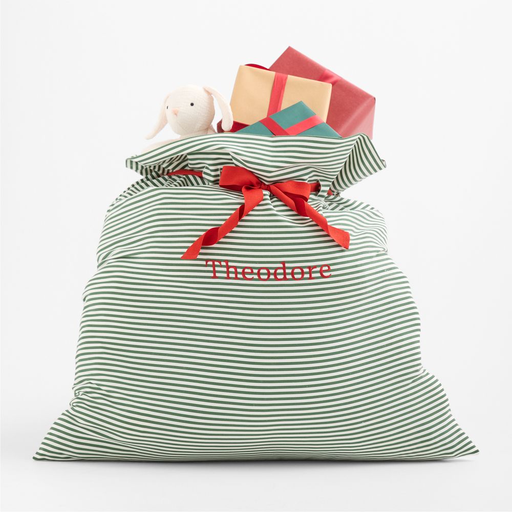 Santa Large Green Striped Cotton Kids Christmas Gift Bag