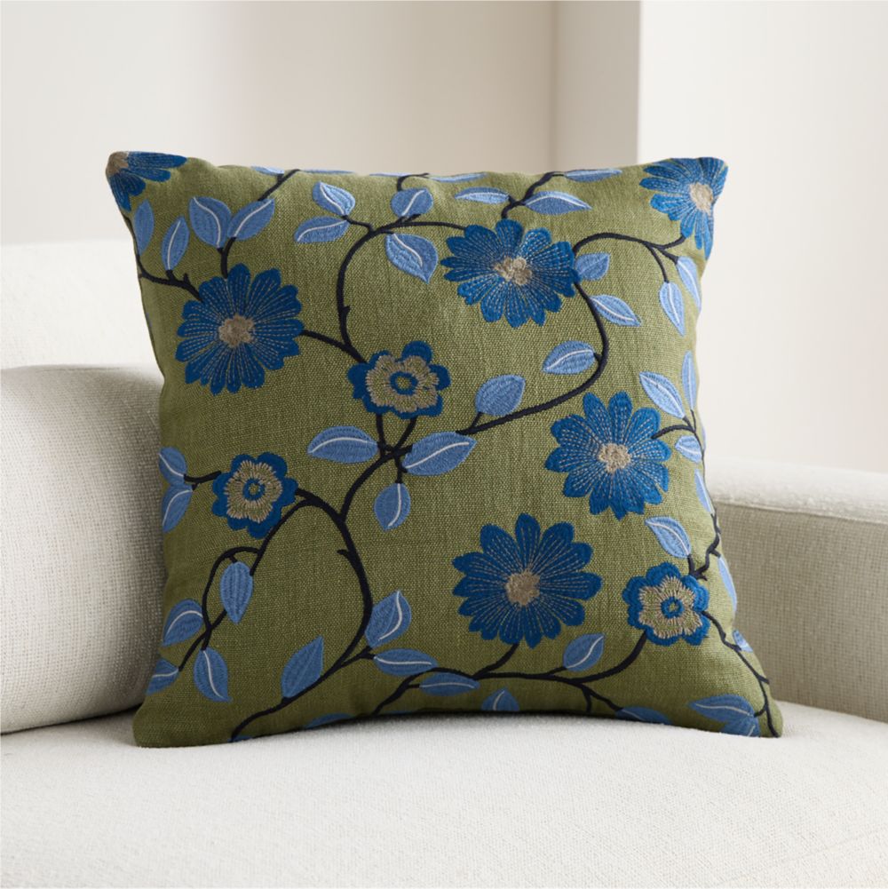 Love Embroidered Velvet 20"x20" Olive Green Floral Throw Pillow by Venus Williams