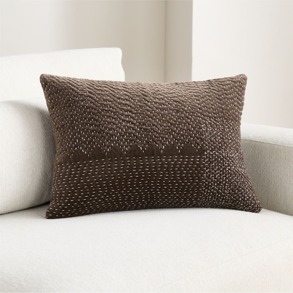 Sashiko Organic Cotton Velvet 22"x15" Deep Brown Throw Pillow