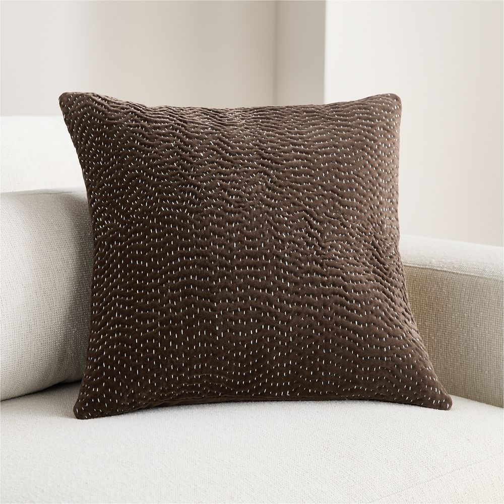 Sashiko Organic Cotton Velvet 20"x20" Deep Brown Throw Pillow