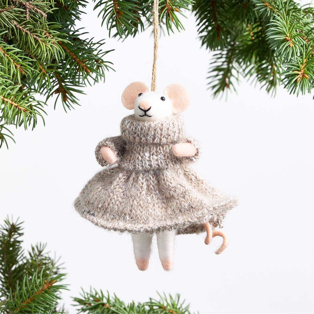 Felted Wool Mouse with Cozy Dress Christmas Tree Ornament