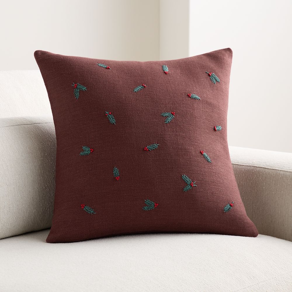 Embroidered Holly Linen 20"x20" Throw Pillow