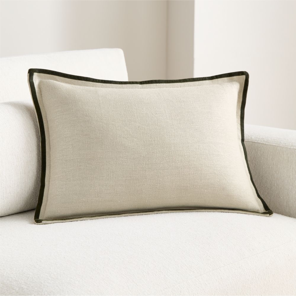 Linen with Velvet Trim 22"x15" Burnt Green Throw Pillow
