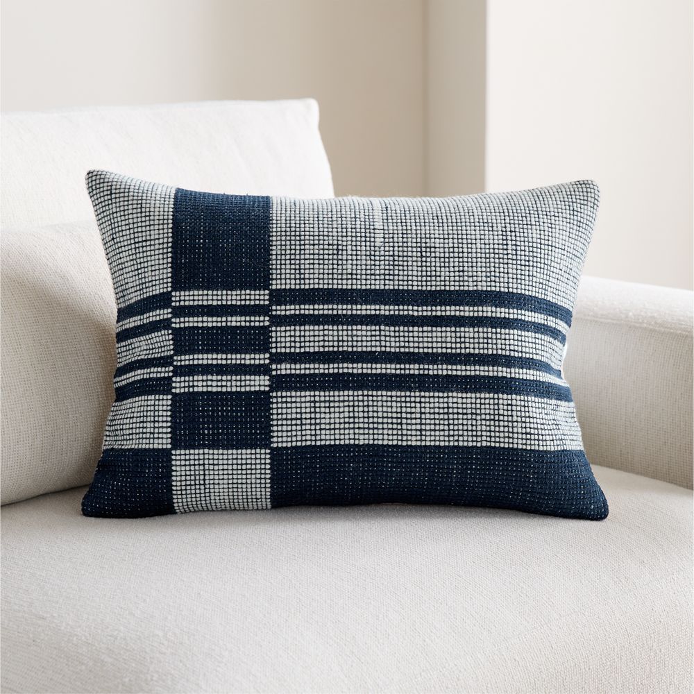 Wool and Linen Blend Plaid 22"x15" Deep Indigo Throw Pillow