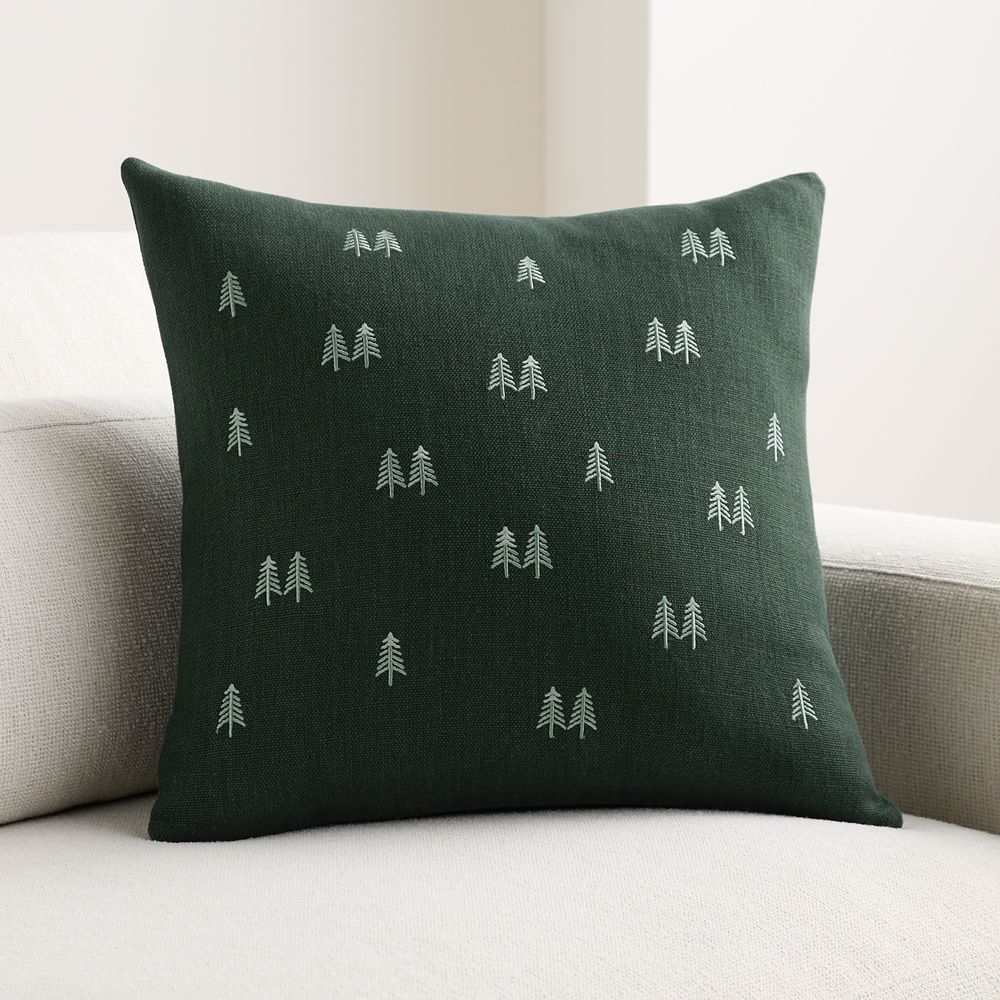 Embroidered Trees Linen 20"x20" Spruce Green Throw Pillow