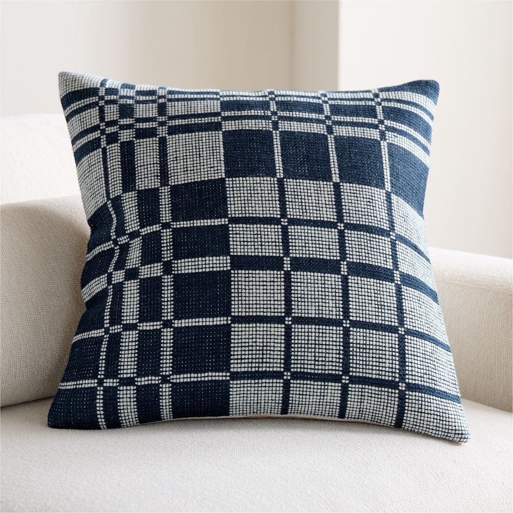 Wool and Linen Blend Plaid 23"x23" Deep Indigo Throw Pillow