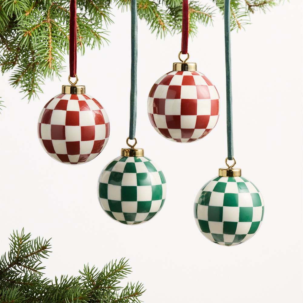 Red and Green Checkered Christmas Tree Ornaments, Set of 4