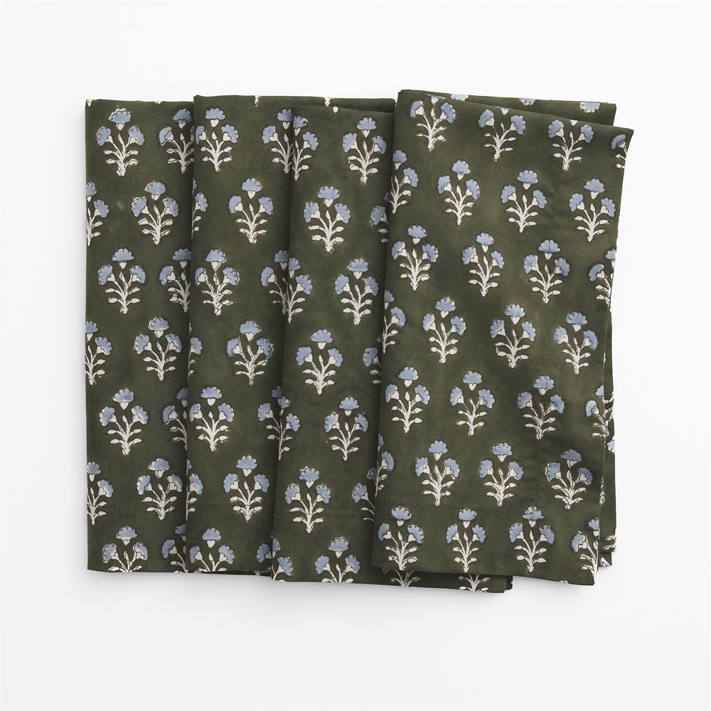 Green Block Print Cotton Dinner Napkin, Set of 4