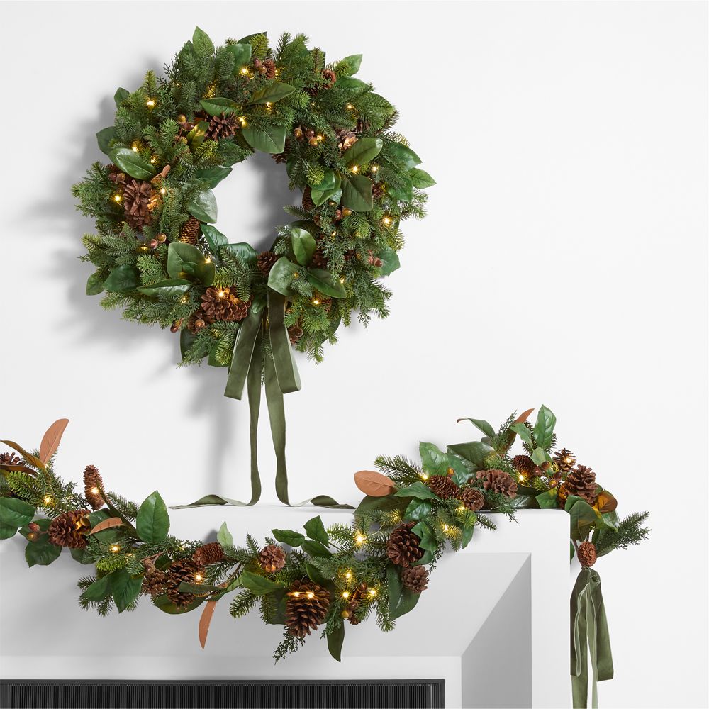 Faux Magnolia and Pinecone Pre-Lit Holiday Pine 28" Wreath and 6' Garland