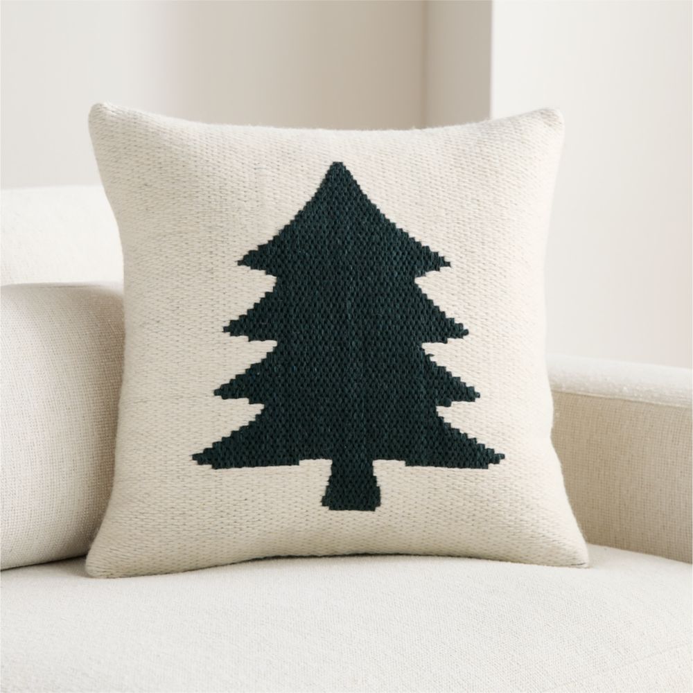 Tree Kilim 20"x20" Spruce Green and Arctic Ivory Throw Pillow