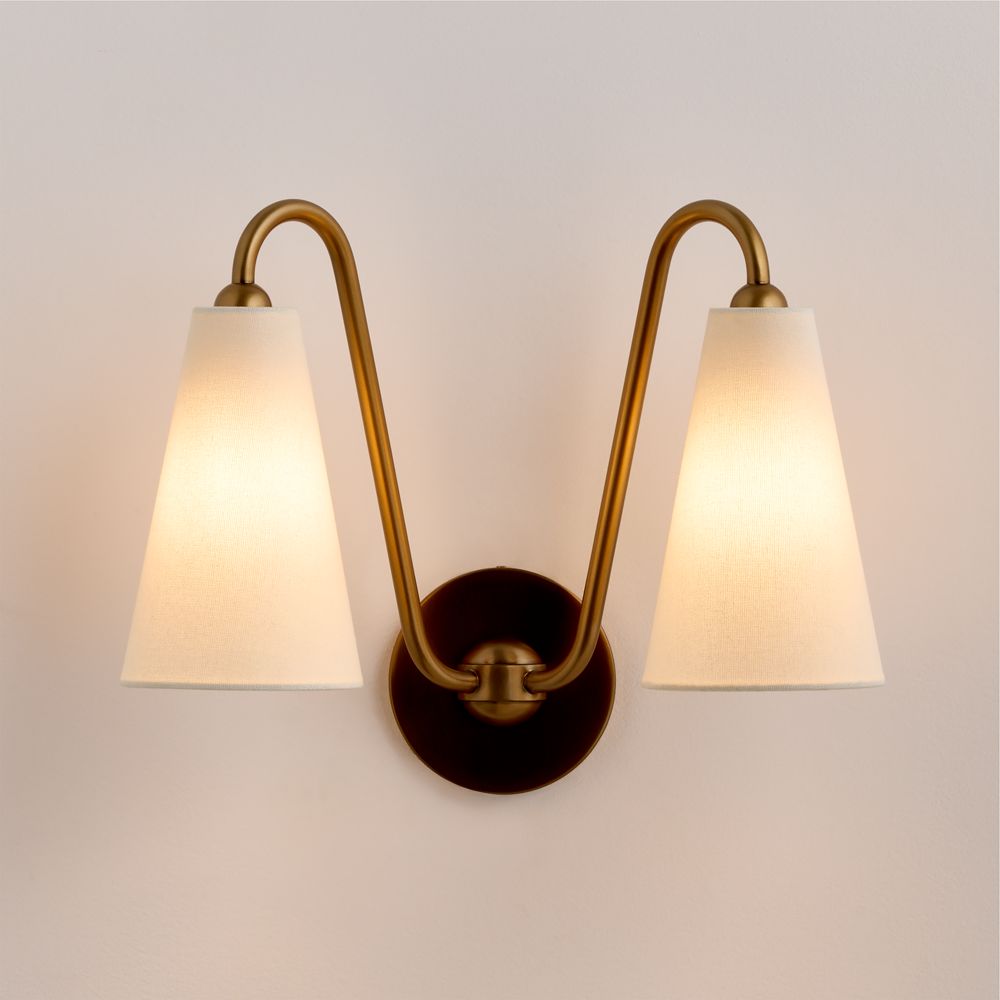 Everton Brass Double Wall Sconce Light with White Fabric Shades