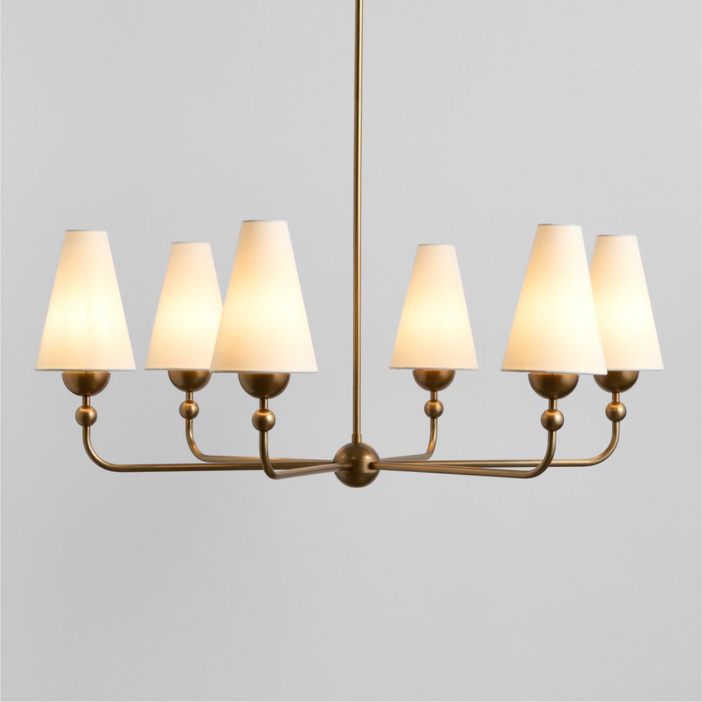 Everton Brass Round Chandelier Light with White Linen Shades