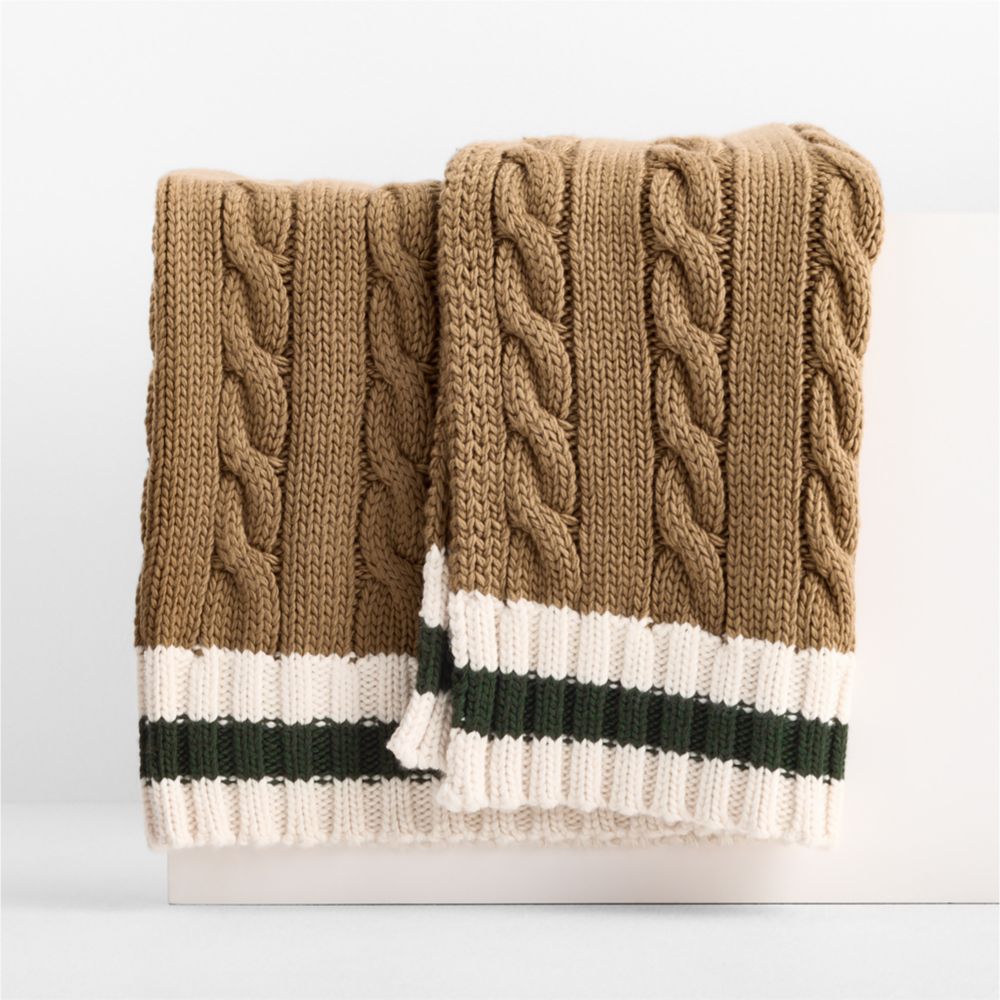 Classic Cable Knit Wool Blend 70"x55" Camel Tan and Arctic Ivory Throw Blanket by Venus Williams