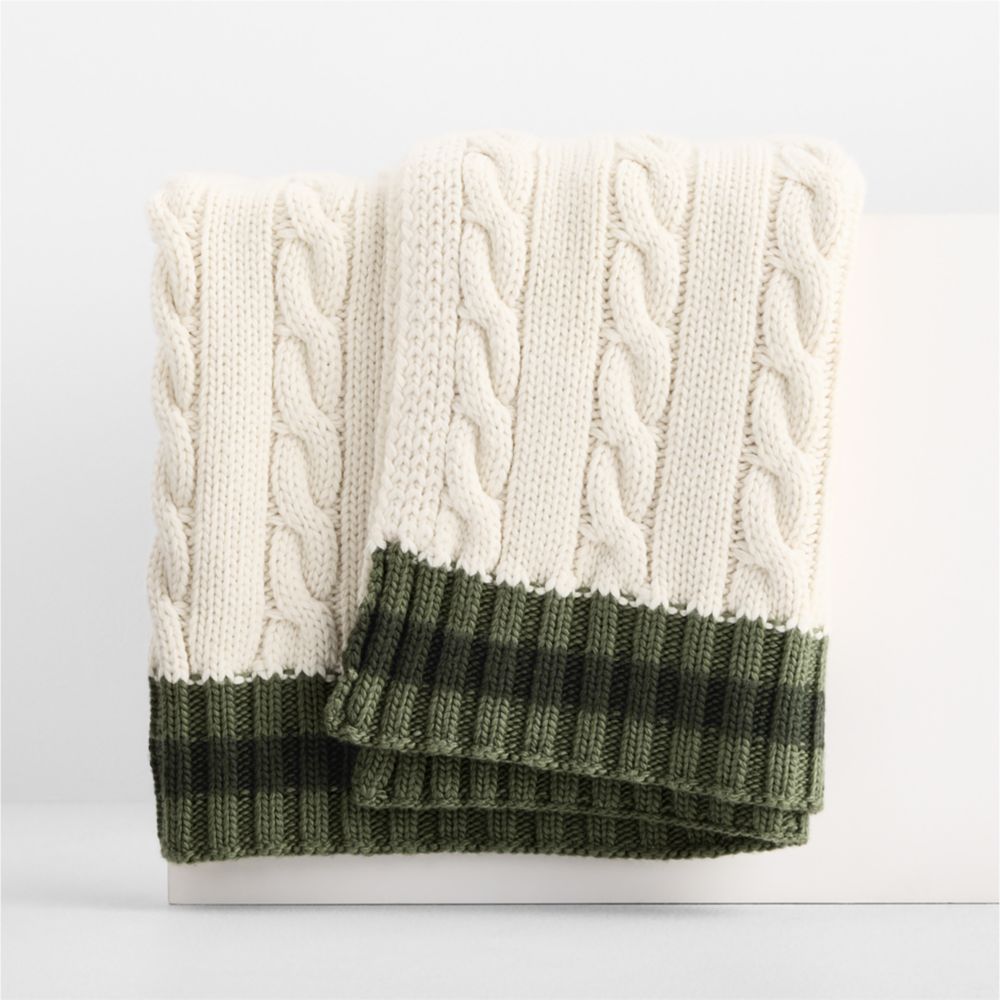 Classic Cable Knit Wool Blend Stripe 70"x55" Arctic Ivory and Olive Green Throw Blanket by Venus Williams