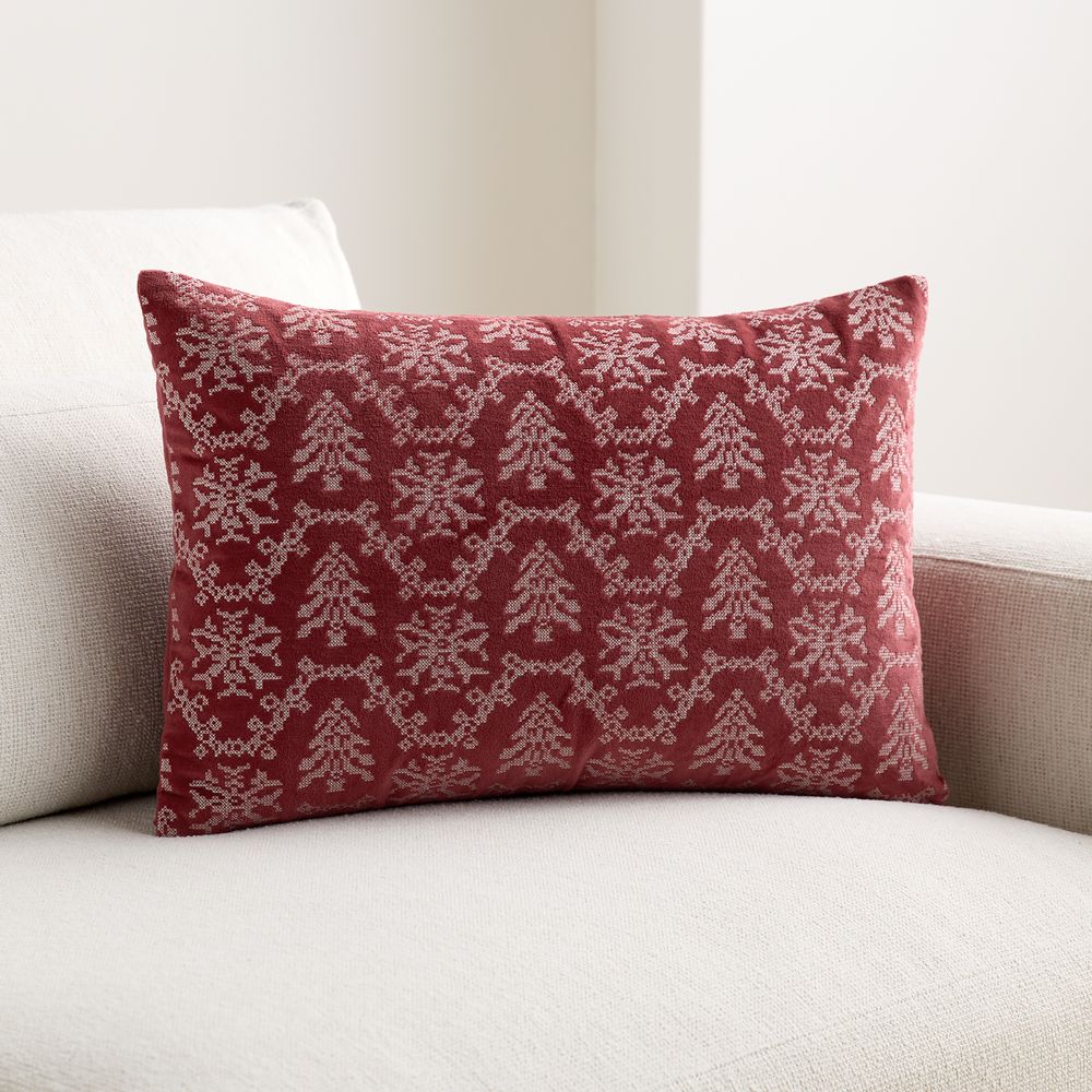 Embroidered Garland Velvet 22"x15" Garnet Red Throw Pillow