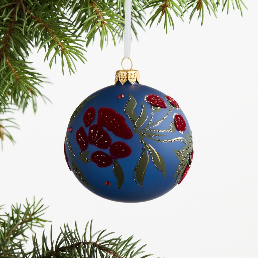 European Blue and Red Botanical Glass Christmas Tree Ornament