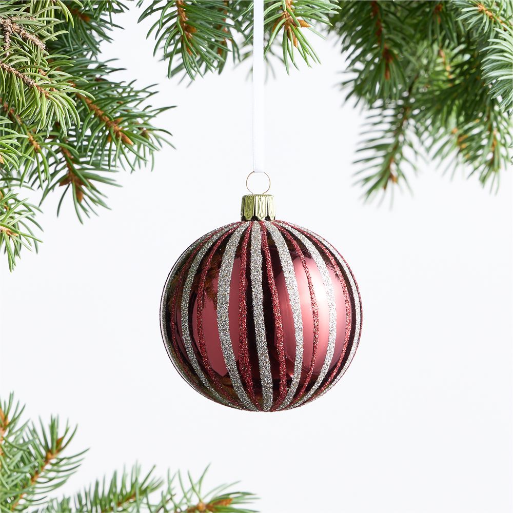 European Striped Red and Silver Glitter Ball Christmas Tree Ornament