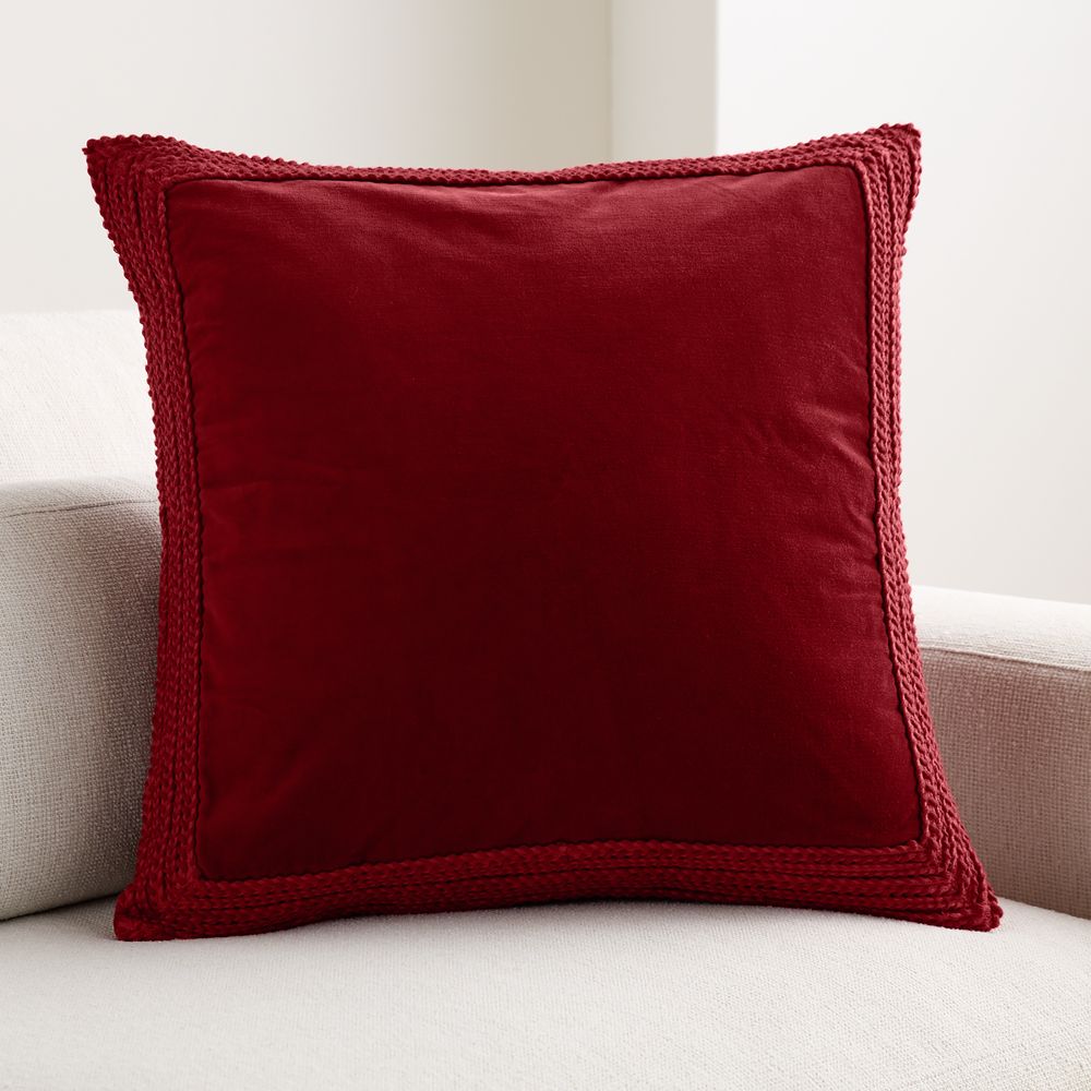 Braided Velvet Border 23"x23" Luminous Red Throw Pillow