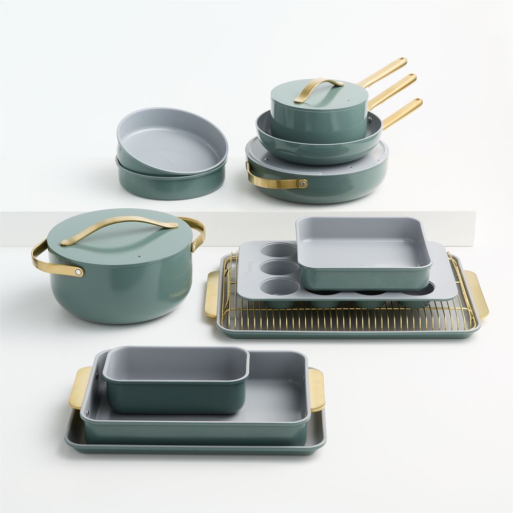 Caraway Tarragon Ceramic Nonstick Full Bakeware and Cookware Collection with Brass Hardware