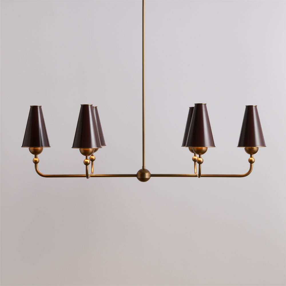 Everton Brass Linear Chandelier Light with Aubergine Metal Shades
