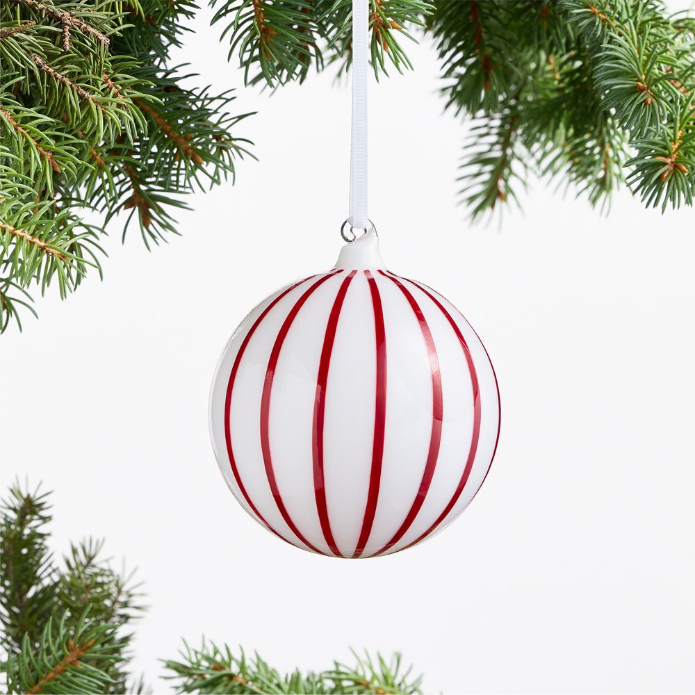 Red and White Wide Striped Glass Ball Christmas Tree Ornament