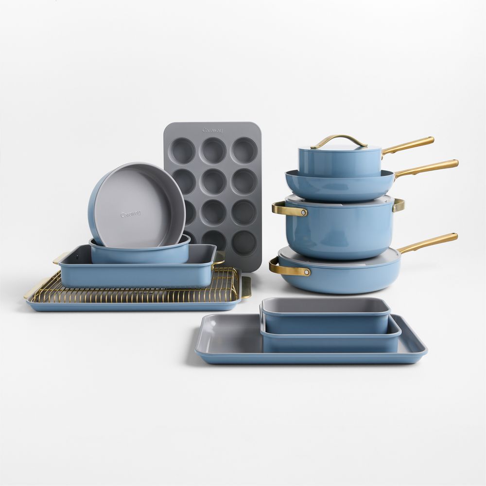 Caraway Blue Lagoon Ceramic Nonstick Full Bakeware & Cookware Set with Gold Hardware