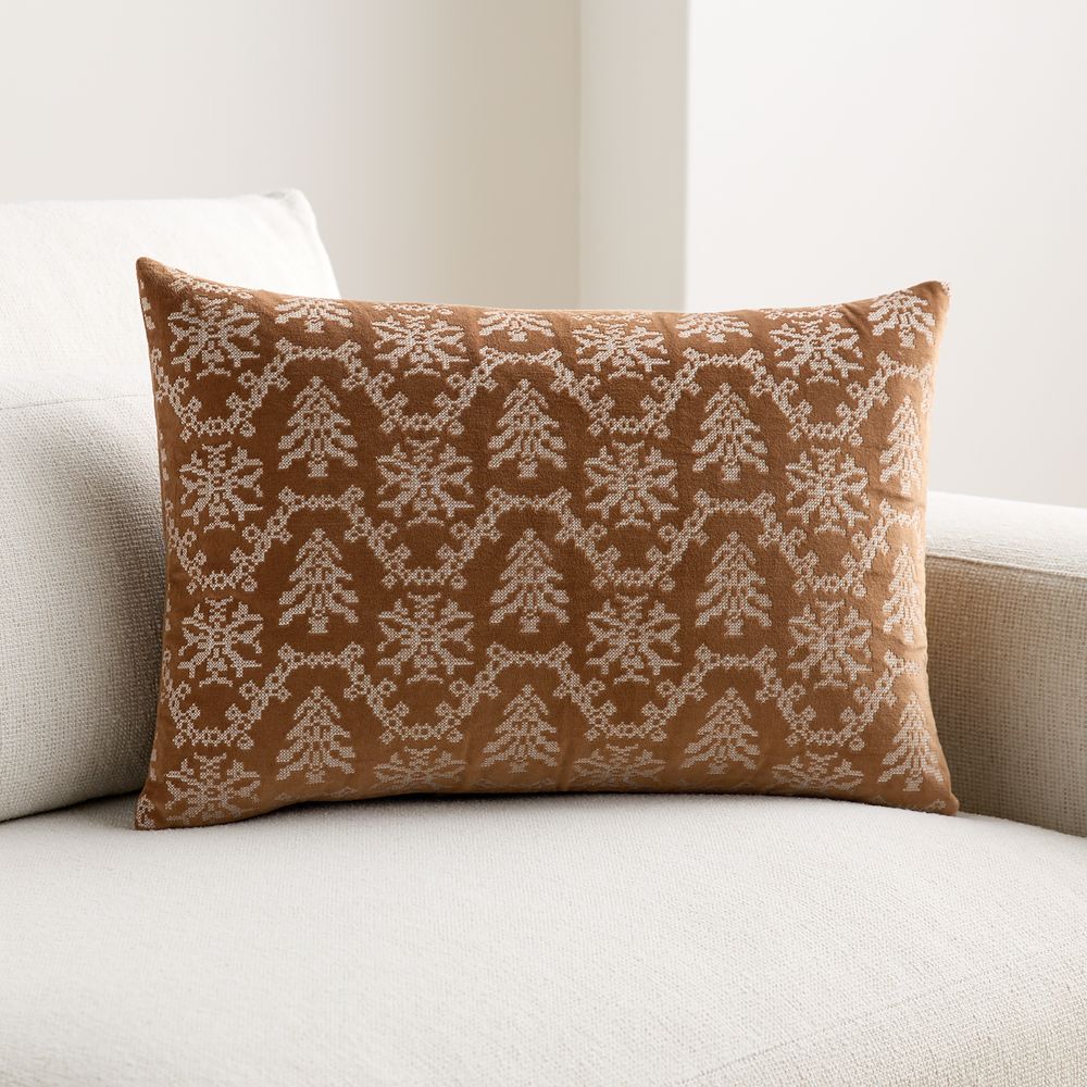 Embroidered Garland Velvet 22"x15" Camel Tan Throw Pillow
