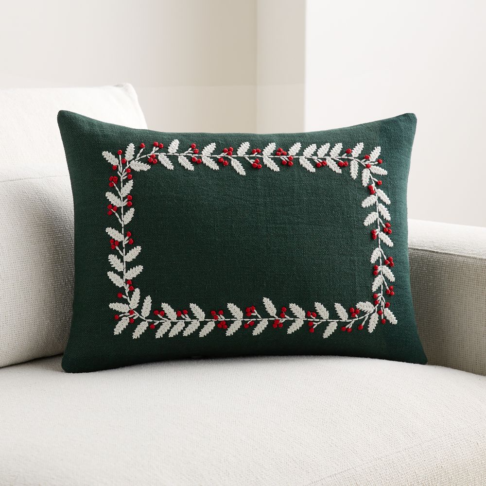 Embroidered Holly Leaves Linen 22"x15" Spruce Green Throw Pillow