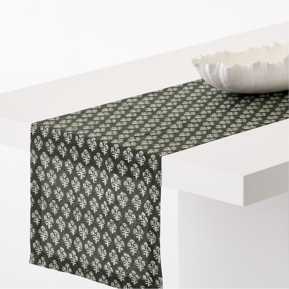 Green Block Print Linen Cotton 120" Table Runner
