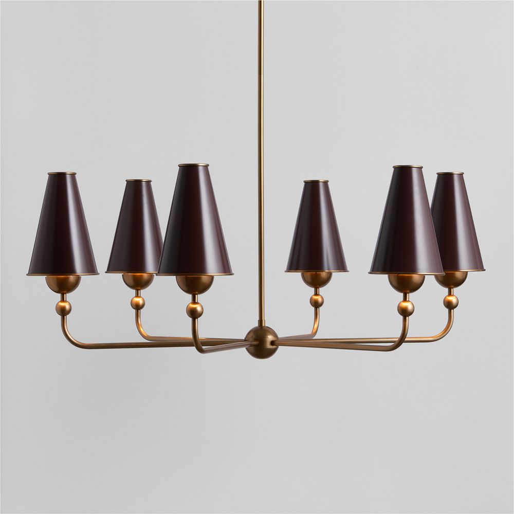 Everton Brass Round Chandelier Light with Aubergine Metal Shades